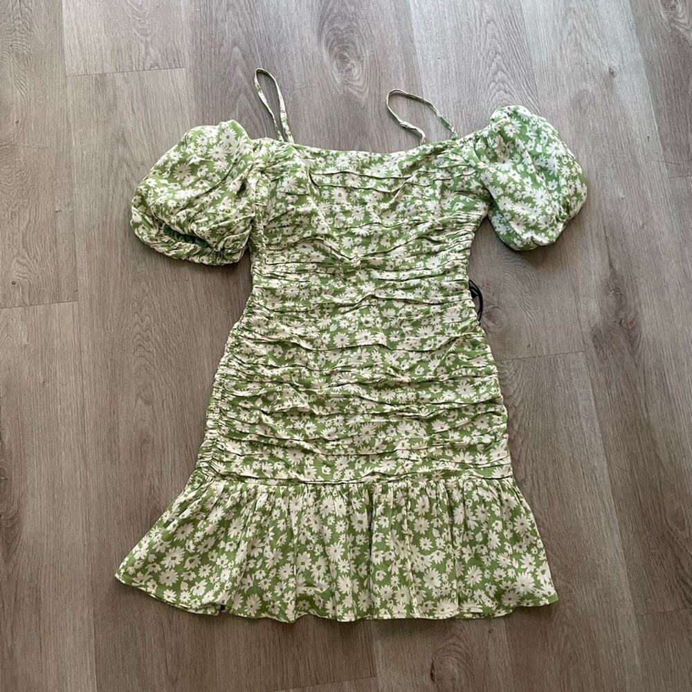 astr the label green floral print puff sleeve ruched mini summer sun dress small